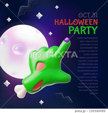 Happy Halloween party 3D cartoon poster vector design, creepy zombie green hand gesture, monsters, full moon and bats 130380499