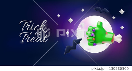 Trick or treat 3D cartoon vector banner, creepy zombie green hand thumbs up gesture, Halloween party, full moon and bats Trick or treat 3D cartoon vector banner, creepy zombie green hand thumbs up gesture, Halloween party, full moon and bats 130380500