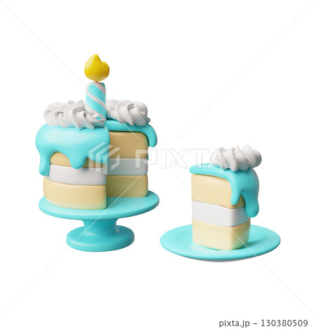 Birthday cake with burning candle on a stand and piece on a plate 3D plastic style, vector celebration creamy dessert 130380509