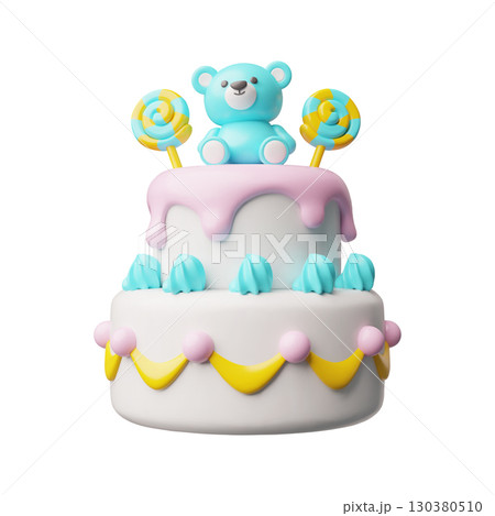 Baby shower cake two tier 3D cartoon plastic style vector icon, celebration pie creamy dessert decorated bear, lollipop 130380510