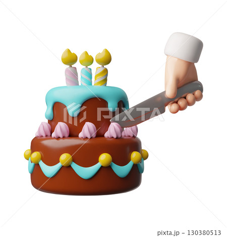 Hand cuts birthday cake two tier with burning candles 3D plastic style vector icon, celebration chocolate creamy dessert Hand cuts birthday cake two tier with burning candles 3D plastic style vector icon, celebration chocolate creamy dessert 130380513