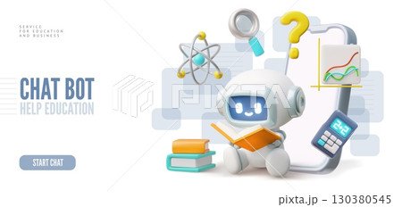 AI Chat bot service for education 3D vector landing page design, Chatbot robot study assistance and help in smartphone 130380545