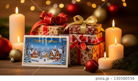 A Traditional Christmas Card with Gifts and Burning Candles A Traditional Christmas Card with Gifts and Burning Candles 130380556