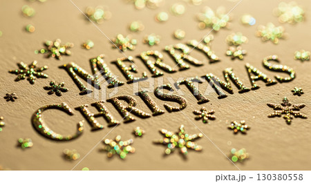 A Macro Close Up of a Glittering Gold "Merry Christmas" Text 130380558