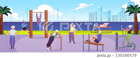 Elderly people training on street workout area vector flat illustration, fitness and strength exercise, sports equipment 130380579