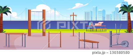 Street workout area vector flat illustration, cartoon physical activity sport equipment on the river shore and cityscape 130380580