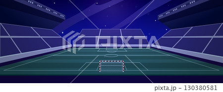 Football soccer stadium at night, vector flat sports game championship area with football goal, tribune, sliding roof Football soccer stadium at night, vector flat sports game championship area with football goal, tribune, sliding roof 130380581