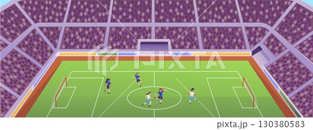 Football soccer kids players match at the stadium, vector athletes in uniform competition match, league workout arena 130380583