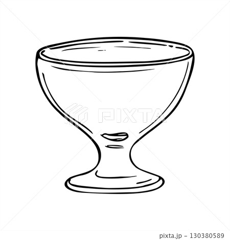 Empty glass ice cream dish monochrome vector outline drawing. Bowl on stem for jam, honey, or pudding etching illustration. Dessert cup for menu design, packaging labels, recipe books 130380589