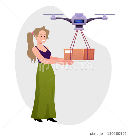 Robotic quadcopter delivers post package to the woman, vector robot drone carrying cargo smart transportation technology 130380595
