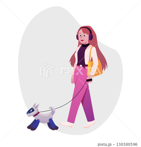 Young woman walk with robotic dog on a leash, smart city, vector owner and artificial intelligence machine animal pet 130380596