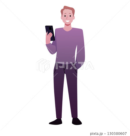 Young man standing and looking at smartphone, vector male using mobile gadget, smart technologies device Young man standing and looking at smartphone, vector male using mobile gadget, smart technologies device 130380607