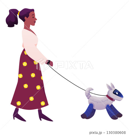 Woman walk with robotic dog on leash, Futuristic smart city, vector owner and artificial intelligence machine animal pet 130380608