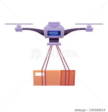 Robotic quadcopter delivers post package, cartoon drone robot carrying cargo, vector flat smart logistics transportation 130380614