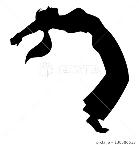 Woman doing Capoeira defensive pose, performing exercise vector black silhouette, Brazilian dance and fight sport Woman doing Capoeira defensive pose, performing exercise vector black silhouette, Brazilian dance and fight sport 130380615