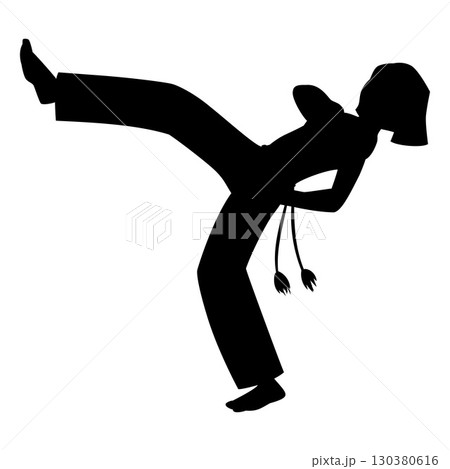 Young woman doing capoeira acrobatic exercise, Brazilian Capoeira dance and fight sport, vector leg kick black silhouette Young woman doing capoeira acrobatic exercise, Brazilian Capoeira dance and fight sport, vector leg kick black silhouette 130380616