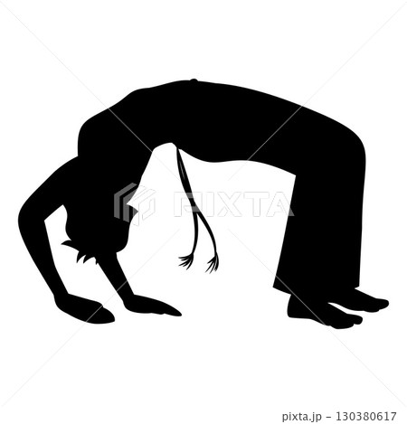 Young man doing capoeira stand bridge, performing acrobatic exercise, vector Brazilian Capoeira dance black silhouette 130380617