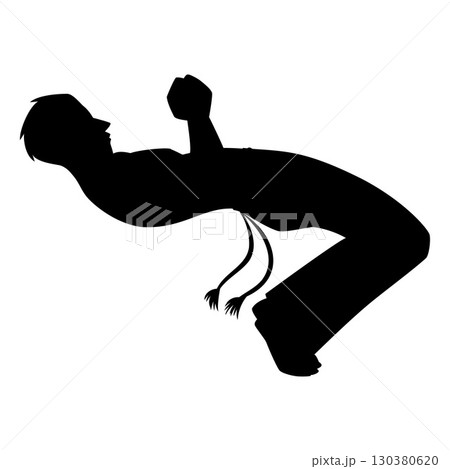 Young man doing capoeira stand back, performing acrobatic exercise, vector Brazilian Capoeira dance black silhouette 130380620