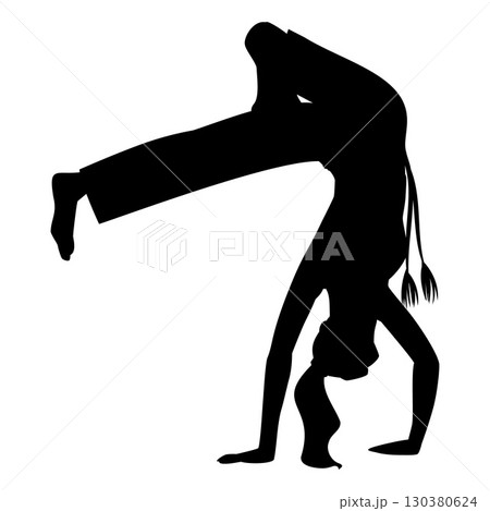 Young woman doing capoeira handstand performing acrobatic exercise, vector dance and fight sport black silhouette Young woman doing capoeira handstand performing acrobatic exercise, vector dance and fight sport black silhouette 130380624