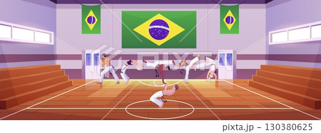 People doing capoeira movement exercise at gym court, vector flat Brazilian Capoeira dance and fight sport, Martial art People doing capoeira movement exercise at gym court, vector flat Brazilian Capoeira dance and fight sport, Martial art 130380625