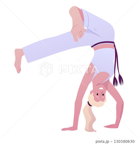 Young woman doing capoeira handstand performing acrobatic exercise, vector flat Brazilian Capoeira dance and fight sport 130380630