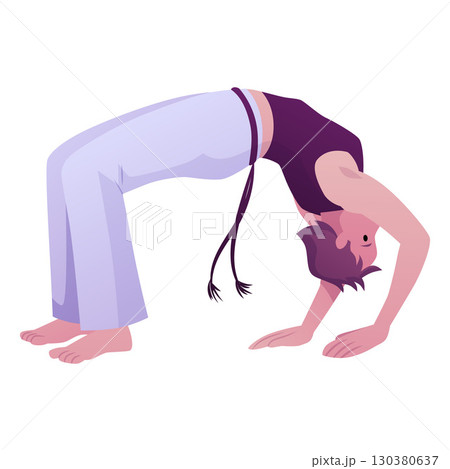 Young man doing capoeira stand bridge, performing acrobatic exercise, vector flat Brazilian Capoeira dance, fight sport 130380637