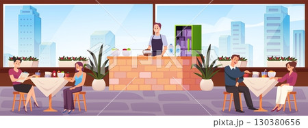Cafe and restaurant interior vector flat illustration, cartoon people eating in the cafeteria, panoramic window on city Cafe and restaurant interior vector flat illustration, cartoon people eating in the cafeteria, panoramic window on city 130380656