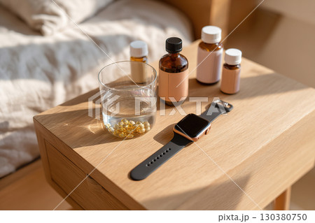 Weekly medication organizer layout on a bedside table with a smartwatch and glass of water 130380750