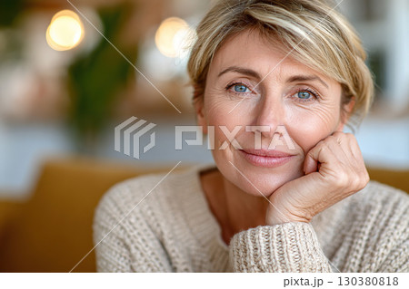Middle-aged woman with stylish appearance relaxing comfortably in a cozy indoor space 130380818