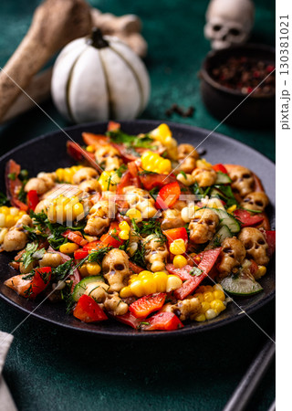 Halloween salad with cheese in shape of skull Halloween salad with cheese in shape of skull 130381021