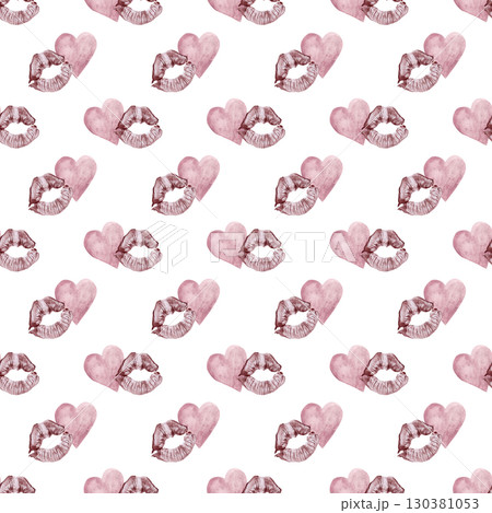 Kisses and hearts. Silhouettes of pink hearts and lip prints with brown lipstick. Seamless festive pattern for Valentine's Day. Perfect for gift wrapping, textiles and bed linen 130381053