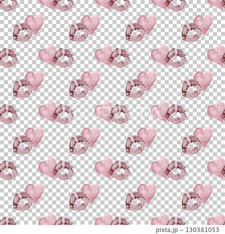 Kisses and hearts. Silhouettes of pink hearts and lip prints with brown lipstick. Seamless festive pattern for Valentine's Day. Perfect for gift wrapping, textiles and bed linen 130381053