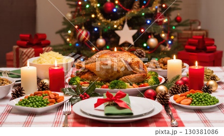 Christmas dinner table with roasted turkey, vegetables, mashed potatoes, and festive decorations near a Christmas tree with lights. 130381086