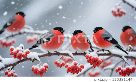 Christmas bullfinches perched on snowy branches with red berries during snowfall in a peaceful winter forest scene 130381144