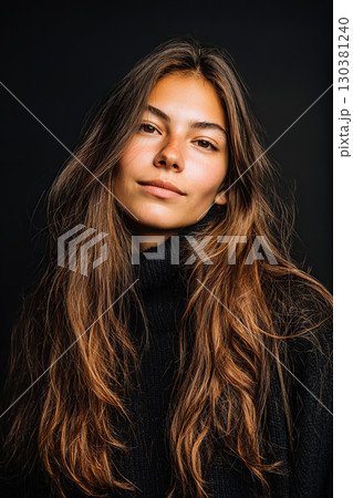 Woman with natural look and minimal makeup poses confidently against dark background 130381240