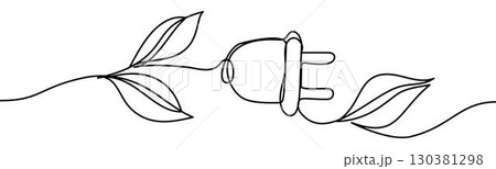 Tree branch turning into power plug. Symbol of green energy, sustainability and eco-friendly technology, vector illustration in continuous line style 130381298