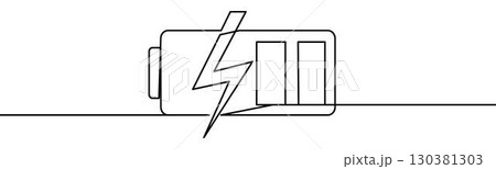 Battery charge indicator. Symbol of energy level, power, technology and sustainable energy, vector illustration in continuous line style Battery charge indicator. Symbol of energy level, power, technology and sustainable energy, vector illustration in continuous line style 130381303