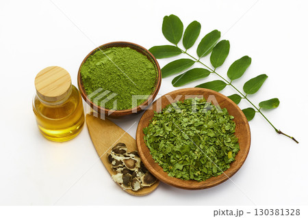 Natural Moringa Ingredients on white background Natural Moringa Ingredients on white background 130381328