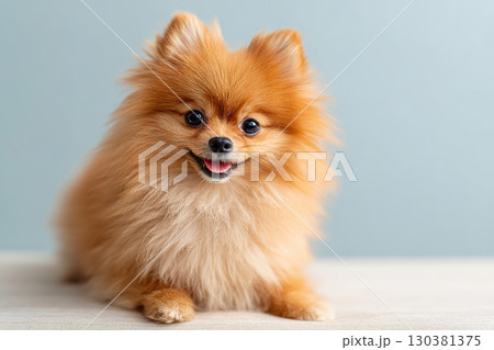 Fluffy small dog with bright eyes and cheerful expression at home 130381375