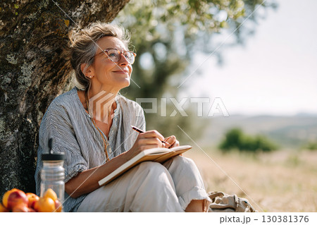 Journaling outdoors under a tree while enjoying a peaceful moment in nature 130381376