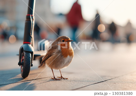 Bird standing near electric scooter in busy urban park during sunset hour 130381380