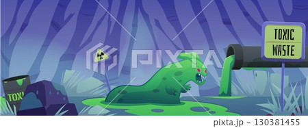 Green monster from toxic waste in the factory sewerage, vector flat giant slimy creature, creepy jaws and red eyes Green monster from toxic waste in the factory sewerage, vector flat giant slimy creature, creepy jaws and red eyes 130381455