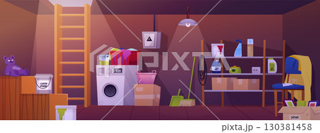 Basement room interior vector flat illustration, cartoon storage home cellar with wooden stairs, old furniture and stuff Basement room interior vector flat illustration, cartoon storage home cellar with wooden stairs, old furniture and stuff 130381458