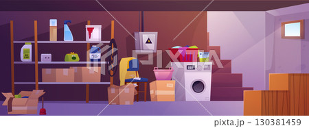 Basement room interior vector flat illustration, storage home cellar with cleaning tools, washing machine, old furniture Basement room interior vector flat illustration, storage home cellar with cleaning tools, washing machine, old furniture 130381459