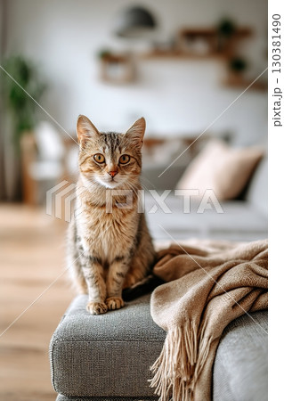 Sleek grey tabby cat sitting upright on a cozy couch in modern living room setting 130381490