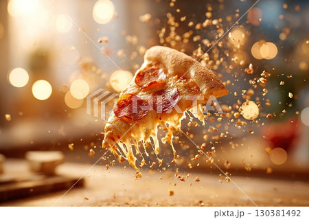 Slice of pepperoni pizza floating in mid-air with cheese stretching and colorful bokeh background 130381492