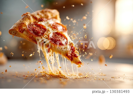 Slice of pepperoni pizza floats in mid-air with strings of cheese extending 130381493