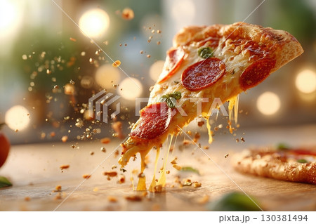 Pepperoni pizza slice floating above a wooden table with cheesy strands and toppings 130381494