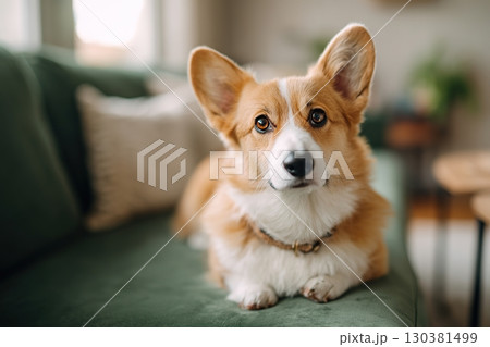 Tan corgi sits alert on a green couch in a cozy home environment 130381499