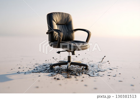 Office chair appears to melt into ground creating surreal scene of exhaustion and decay 130381513